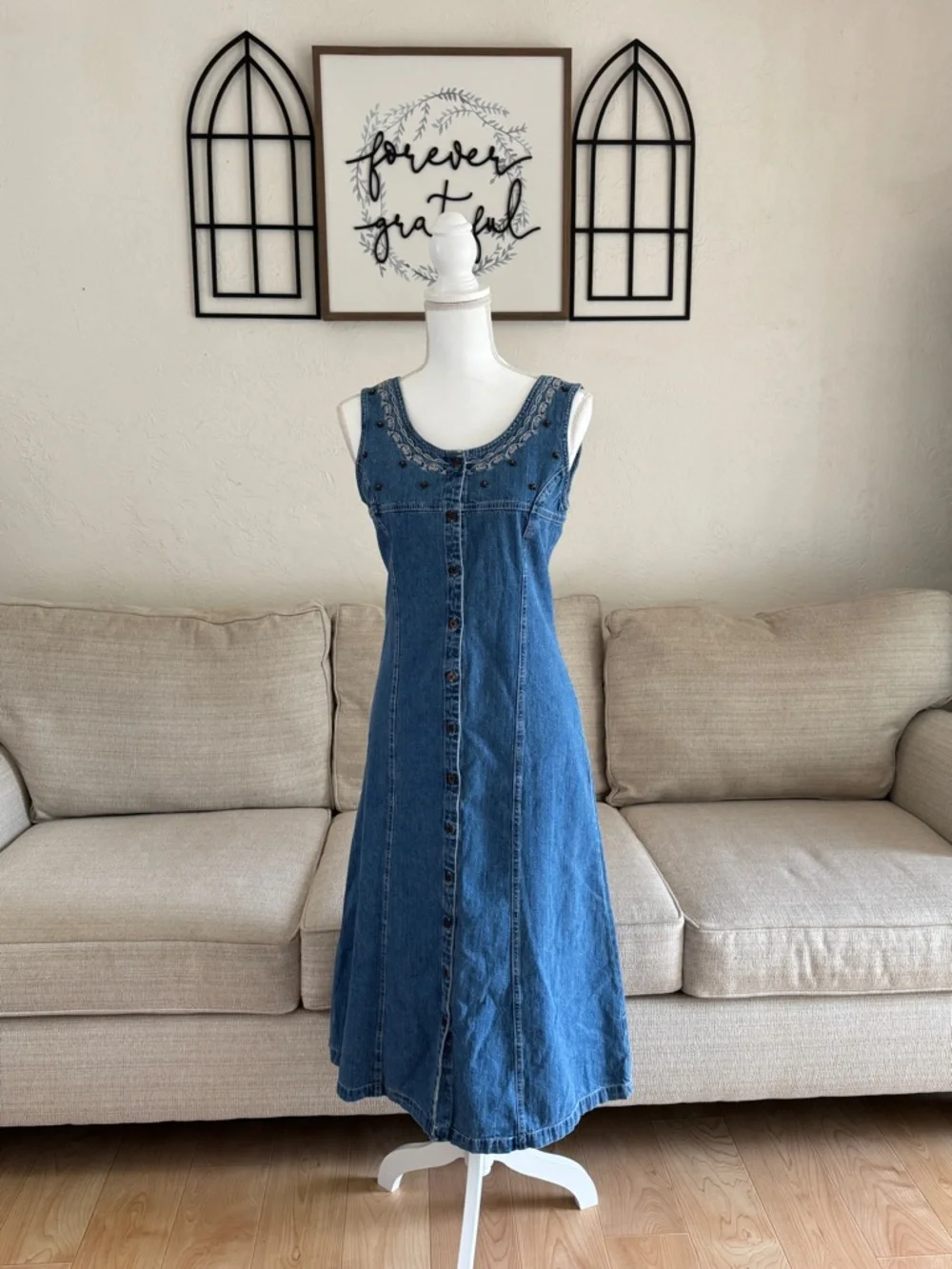 Vintage Christopher & Banks Embroidered Denim Button-Front Midi Dress Size 10